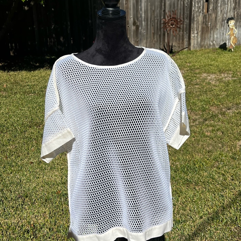 Lafayette 148 New York White Mesh Short Sleeve Top